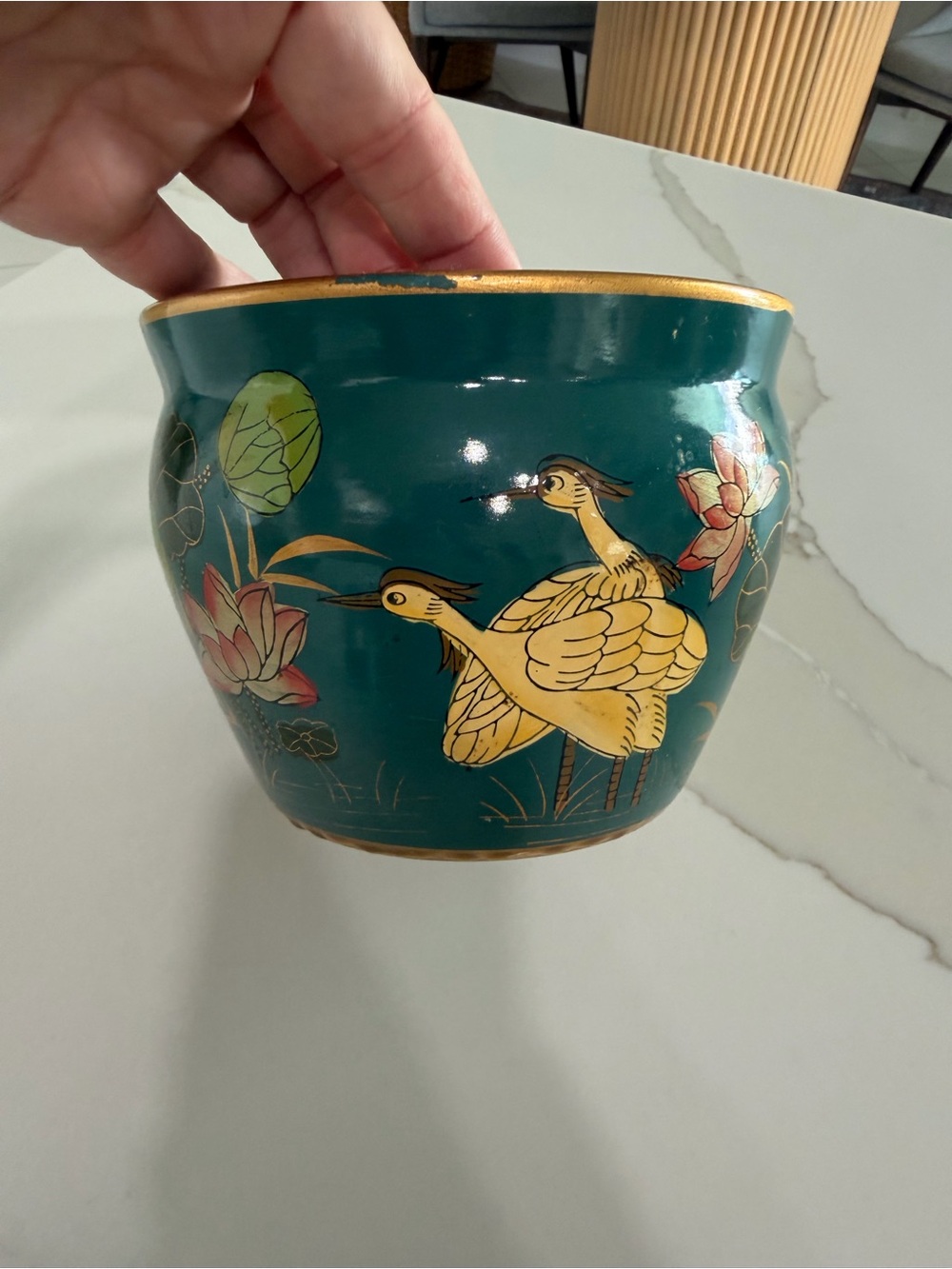 VTG Chinese Porcelain Fishbowl Planter Pot Asian Flowers Birds Crane Teal/gold